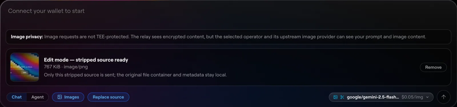 El modo de edición en la app de Halo: la imagen de origen limpia está lista — solo se envía la copia sin metadatos, el archivo original se queda en tu equipo
