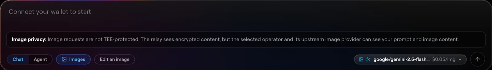 The Halo chat composer in Images mode: the Images toggle is active, and the model selector shows the flat per-image price